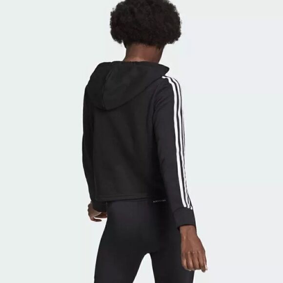 ADIDAS Sweatshirt Short Woman Cotton Cropped Hoodie Sweatshirt Black White - Picture 3 of 13